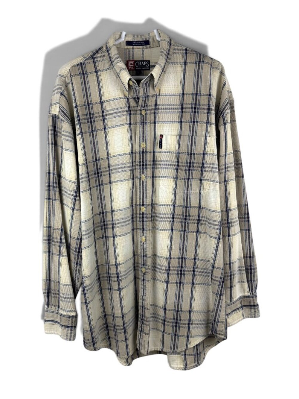VTG 90s Chaps Ralph Lauren Plaid L/S Shirt Tan Blue Large Made in Hong Kong